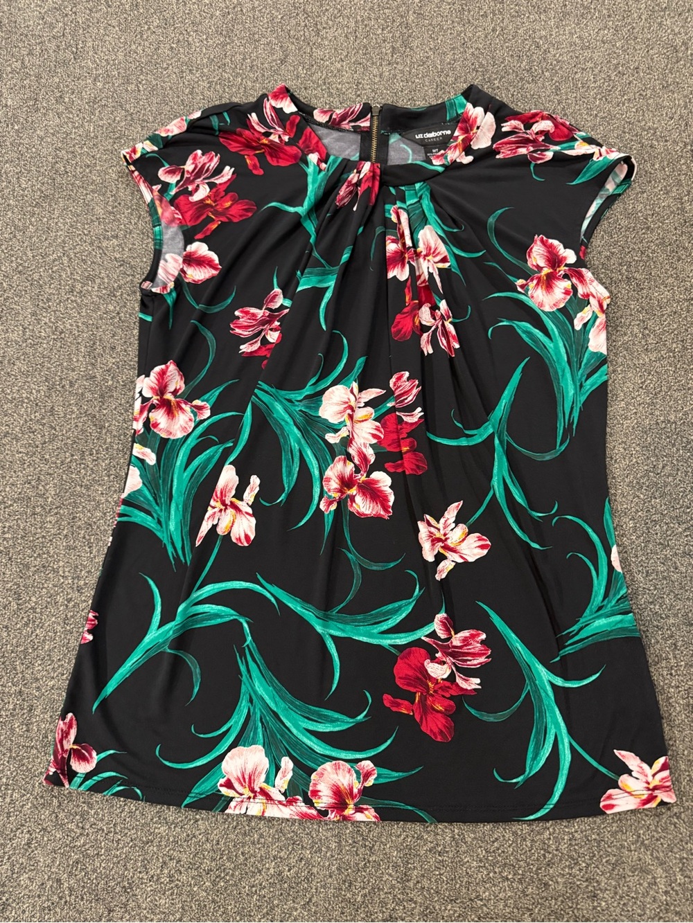 Liz Claiborne Black Floral Cap Sleeve Tunic with Green & Red Print
